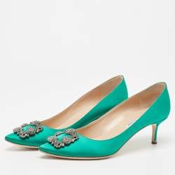 Pre Owned Manolo Blahnik Green Satin Hangisi Pumps Size 41.5