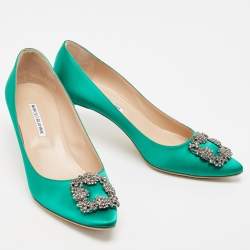 Pre Owned Manolo Blahnik Green Satin Hangisi Pumps Size 41.5