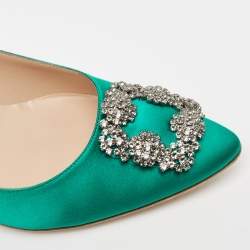 Pre Owned Manolo Blahnik Green Satin Hangisi Pumps Size 41.5