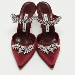 Manolo Blahnik Burgundy Satin Crystal Embellished Lurum Mules Size 38