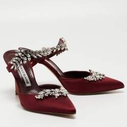 Manolo Blahnik Burgundy Satin Crystal Embellished Lurum Mules Size 38