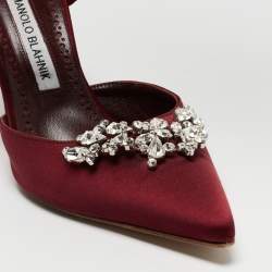 Manolo Blahnik Burgundy Satin Crystal Embellished Lurum Mules Size 38