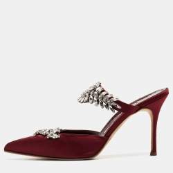 Manolo Blahnik Burgundy Satin Crystal Embellished Lurum Mules Size 38