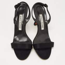 Pre Owned Manolo Blahnik Black Satin Slingback Sandals Size 37.5