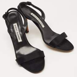 Pre Owned Manolo Blahnik Black Satin Slingback Sandals Size 37.5