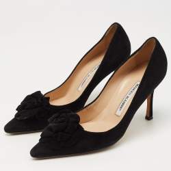 Pre Owned Manolo Blahnik Black Suede Flower Applique Pointed Toe Pumps Size 37.5