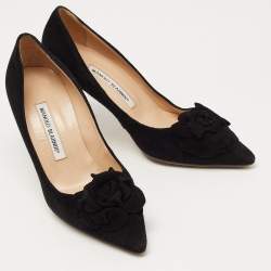 Pre Owned Manolo Blahnik Black Suede Flower Applique Pointed Toe Pumps Size 37.5