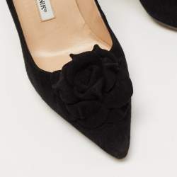 Pre Owned Manolo Blahnik Black Suede Flower Applique Pointed Toe Pumps Size 37.5