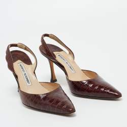 Manolo Blahnik Brown Croc Embossed Leather Slingback Pumps Size 35.5