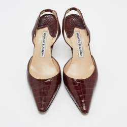 Manolo Blahnik Brown Croc Embossed Leather Slingback Pumps Size 35.5