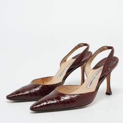 Manolo Blahnik Brown Croc Embossed Leather Slingback Pumps Size 35.5