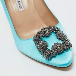 Pre Owned Manolo Blahnik Blue Satin Hangisi Pumps Size 38.5