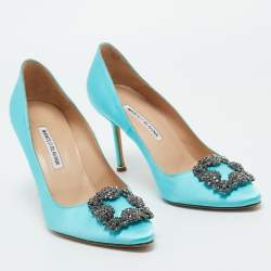 Pre Owned Manolo Blahnik Blue Satin Hangisi Pumps Size 38.5