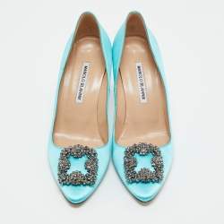 Pre Owned Manolo Blahnik Blue Satin Hangisi Pumps Size 38.5
