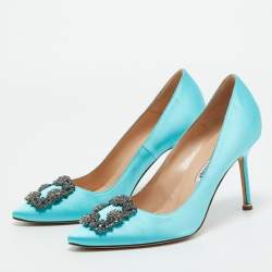 Pre Owned Manolo Blahnik Blue Satin Hangisi Pumps Size 38.5