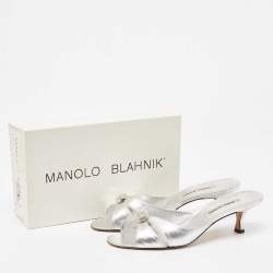 Manolo Blahnik Metallic Silver Leather Crystal Embellished Slide Sandals Size 42