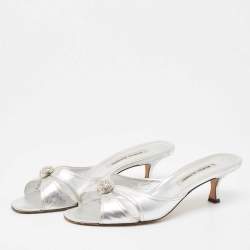 Manolo Blahnik Metallic Silver Leather Crystal Embellished Slide Sandals Size 42