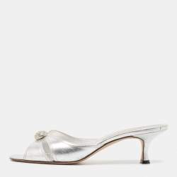 Manolo Blahnik Metallic Silver Leather Crystal Embellished Slide Sandals Size 42