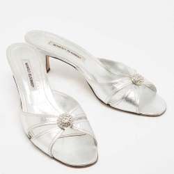 Manolo Blahnik Metallic Silver Leather Crystal Embellished Slide Sandals Size 42