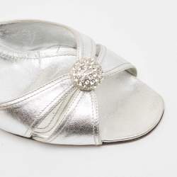 Manolo Blahnik Metallic Silver Leather Crystal Embellished Slide Sandals Size 42