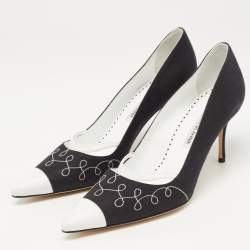 Manolo Blahnik Black/White Canvas And Leather Pointed Toe Pumps Size 39.5