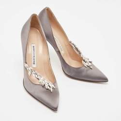 Pre Owned Manolo Blahnik Grey Satin Nadira Pumps Size 38