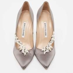 Pre Owned Manolo Blahnik Grey Satin Nadira Pumps Size 38