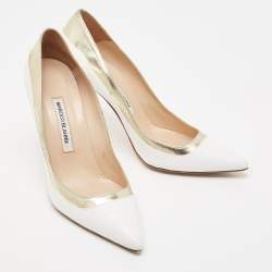 Manolo Blahnik White/Gold Leather Pointed Toe Pumps Size 40