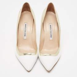 Manolo Blahnik White/Gold Leather Pointed Toe Pumps Size 40