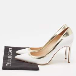Manolo Blahnik White/Gold Leather Pointed Toe Pumps Size 40