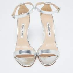 Manolo Blahnik Silver Leather Chaos Ankle Strap Sandals Size 40