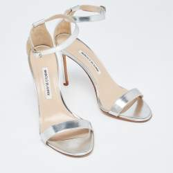 Manolo Blahnik Silver Leather Chaos Ankle Strap Sandals Size 40