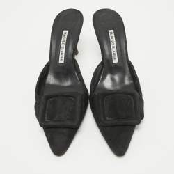 Pre Owned Manolo Blahnik Black Suede Maysale Mules Size 38.5