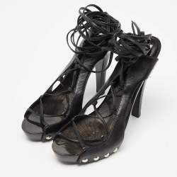 Pre Owned Manolo Blahnik Black Leather Ankle Wrap Sandals Size 41