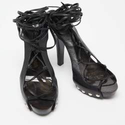 Pre Owned Manolo Blahnik Black Leather Ankle Wrap Sandals Size 41