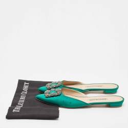 Pre Owned Manolo Blahnik Green Satin Hangisi Flat Mules Size 39