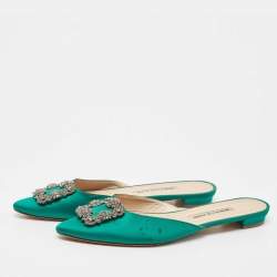 Pre Owned Manolo Blahnik Green Satin Hangisi Flat Mules Size 39