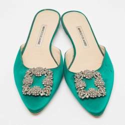 Pre Owned Manolo Blahnik Green Satin Hangisi Flat Mules Size 39