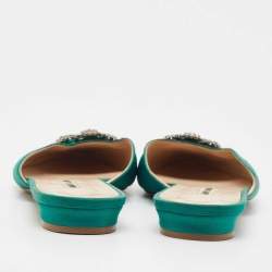 Pre Owned Manolo Blahnik Green Satin Hangisi Flat Mules Size 39