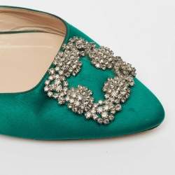 Pre Owned Manolo Blahnik Green Satin Hangisi Flat Mules Size 39