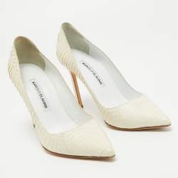 Pre Owned Manolo Blahnik Off White Python Pointed Toe Pumps Size 36.5
