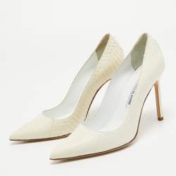 Pre Owned Manolo Blahnik Off White Python Pointed Toe Pumps Size 36.5