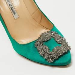 Pre Owned Manolo Blahnik Green Satin Hangisi Pumps Size 38