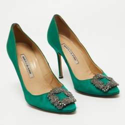 Pre Owned Manolo Blahnik Green Satin Hangisi Pumps Size 38