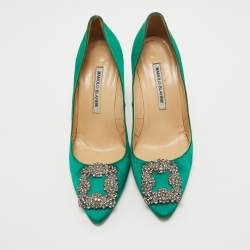 Pre Owned Manolo Blahnik Green Satin Hangisi Pumps Size 38