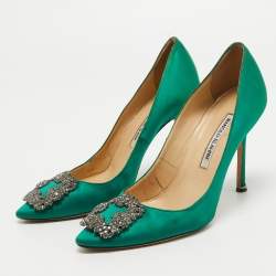 Pre Owned Manolo Blahnik Green Satin Hangisi Pumps Size 38
