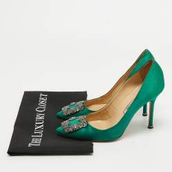 Pre Owned Manolo Blahnik Green Satin Hangisi Pumps Size 38