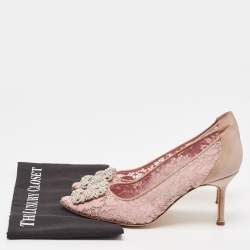 Pre Owned Manolo Blahnik Pink Lace and Mesh Hangisi Pumps Size 38.5
