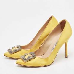 Pre Owned Manolo Blahnik Yellow Satin Hangisi Pumps Size 38.5