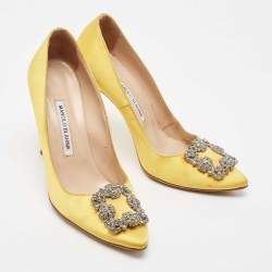 Pre Owned Manolo Blahnik Yellow Satin Hangisi Pumps Size 38.5